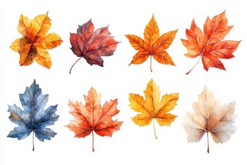 Fototapeta premium A collection of watercolor-painted autumn leaves in various colors and shapes.
