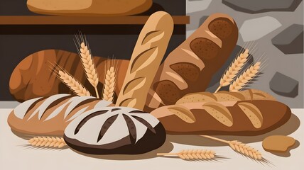 Artisanal bread loaves with wheat stalks in a rustic setting.