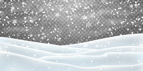 Snow flakes, snow and blizzard falling on snowdrifts. Snow landscape decoration, frozen hills isolated on png background. Vector heavy snowfall with snowbanks field. Christmas vector illustration