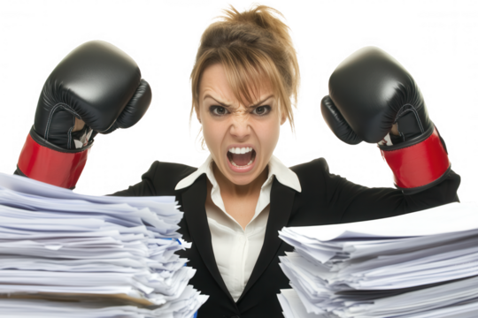 A frustrated businesswoman, wearing boxing gloves, expresses her anger while standing amidst a chaotic pile of paperwork. This image captures the emotional struggle with work related stress and deadli