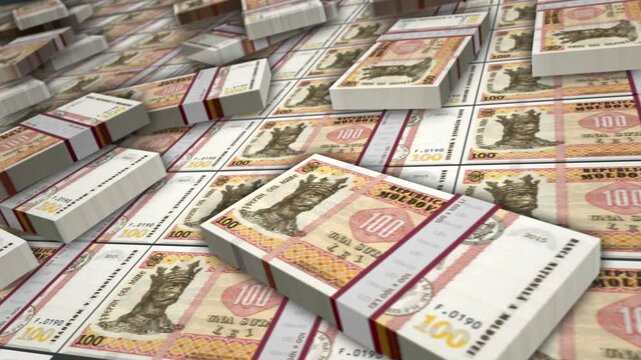 Moldova money Moldavian Lei banknote bundle loop. 100 MDL money stacks. Concept of business, economy, banking and finance. Camera over cash packs loopable seamless 3d.