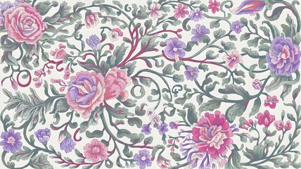 Hand-drawn floral design with roses and vines in soft hues