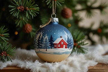 A charming, eco-friendly hand-painted wooden Christmas bauble, featuring intricate designs and natural materials, adding a personal, sustainable touch to your holiday tree decorations.