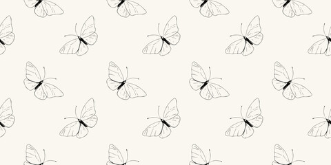 Fototapeta premium Thin Line art butterfly Repeating pattern trend vintage style background 