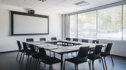 Fototapeta premium Business meeting room with vacant chairs, symbolizing the importance of preparation and anticipation in professional environments.