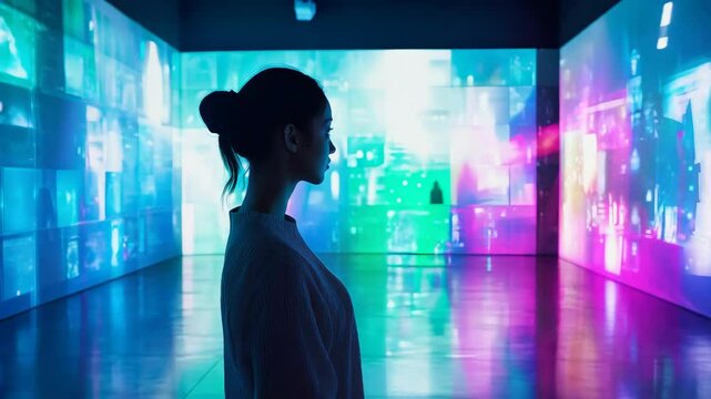 Woman Immersed in Interactive Digital Art Installation with Colorful Video Projections in Futuristic Room