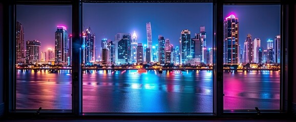 Night View of a Modern City Skyline Seen Through a Window