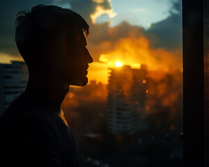 Silhouette of man against sunset, capturing moment of reflection and tranquility. warm colors of sunset create serene atmosphere