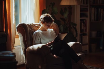 Obraz premium Young caucasian female reading tablet in cozy room with natural light.