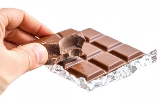 A piece of milk chocolate is being taken from a bar. The bar is sitting on a foil wrapper, isolated against a clean background, showcasing its glossy texture and segmented design.
