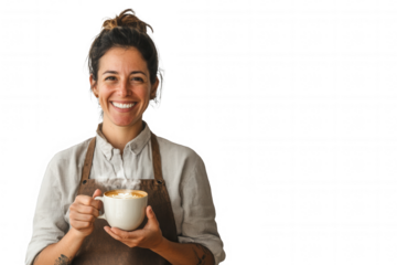 A barista stands with a warm smile, proudly holding a steaming cup of coffee. Dressed in a light shirt and apron, she conveys a welcoming atmosphere, perfect for coffee lovers and casual visitors to e