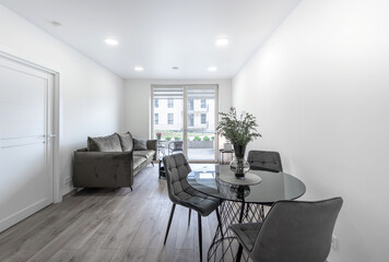 Modern Home Living Room Interior with Open Space Area, Couch Sofa, And Dining Table. Flowers on the Table. Windows in Background. Hardwood Floor.