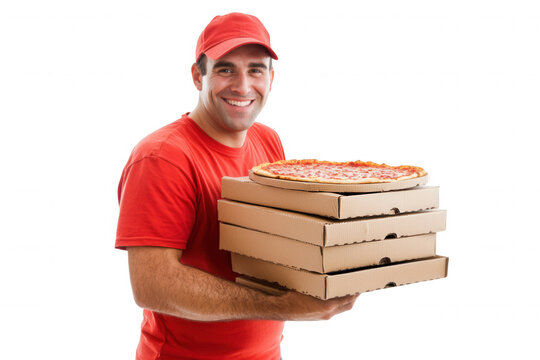 A delivery worker smiles while holding multiple pizza boxes stacked one on top of the other. The person is dressed in a red shirt and cap, conveying a cheerful atmosphere suitable for parties or gathe