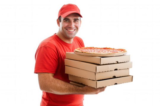 A delivery worker smiles while holding multiple pizza boxes stacked one on top of the other. The person is dressed in a red shirt and cap, conveying a cheerful atmosphere suitable for parties or gathe