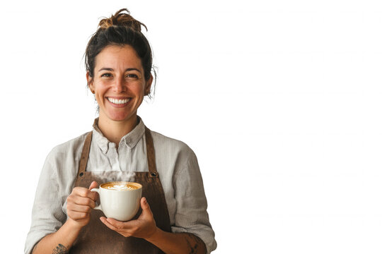 A barista stands with a warm smile, proudly holding a steaming cup of coffee. Dressed in a light shirt and apron, she conveys a welcoming atmosphere, perfect for coffee lovers and casual visitors to e
