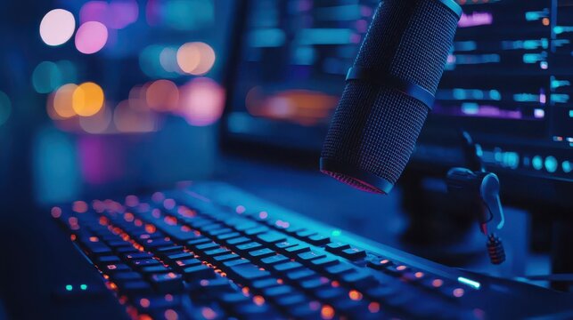 Professional Microphone and Keyboard with Colorful Backlighting in Studio