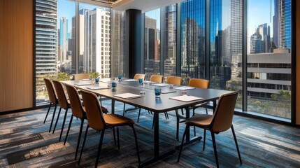 Fototapeta premium Business meeting room with vacant chairs, symbolizing the importance of preparation and anticipation in professional environments.