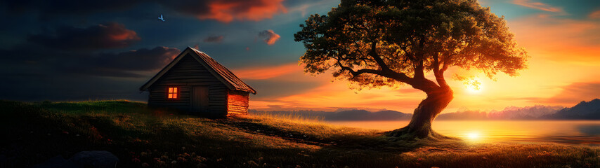 Hütte und Baum bei Sonnenuntergang