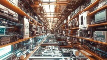Fototapeta premium Organized Warehouse Shelves with Rows of Diverse Electronic Goods and Inventory