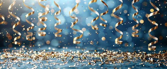 Golden Confetti and Streamers Falling on Blue Background - Festive Celebration