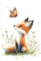 Obraz premium Orange fox, butterfly, wildflowers, serene scene.