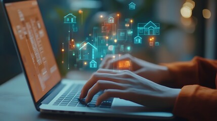 A digital collage of icons representing real estate marketing, such as houses and laptops, with hands typing on a keyboard in the foreground