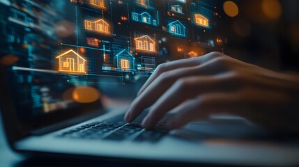 A digital collage of icons representing real estate marketing, such as houses and laptops, with hands typing on a keyboard in the foreground