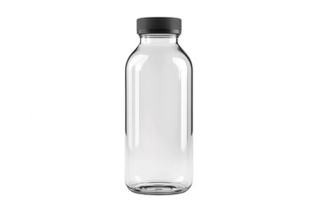 This clear glass bottle stands tall with a black screw cap, isolated against a neutral background. It is empty and transparent, showcasing its design and suitability for various liquids and uses in th