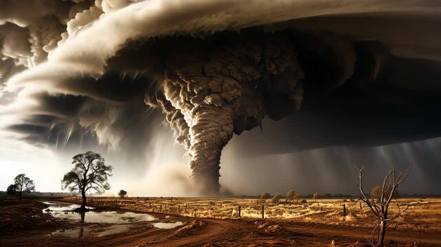 Huge tornado touching down in dry rural landscape
