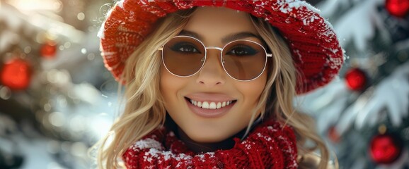 Beautiful Woman in Red Winter Hat and Sunglasses Smiling near Christmas Tree