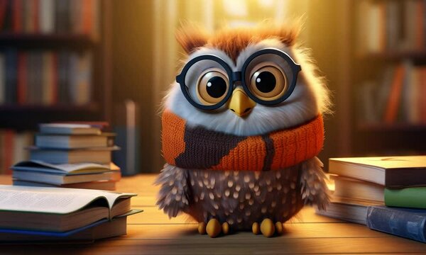 cute owl with glasses in library illustrated animation