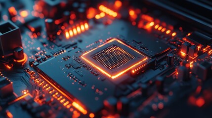 Obraz premium Close-up of a glowing computer chip on a circuit board, showcasing technology and innovation.