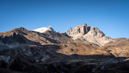 landscape in the mountains in autum,. blue sky,