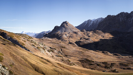 landscape in the mountains in autum,. blue sky,