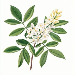 Obraz premium Illustration of blooming white flower branch with lush green leaves on white isolated background.