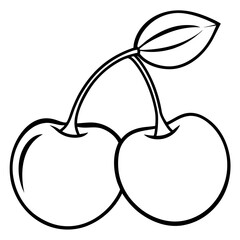 Cherry fruit outline drawing with a leaf on top. The fruit is the main focus of the image. The leaf on top of the fruit adds a touch of nature and freshness to the scene. The image is simple and clean