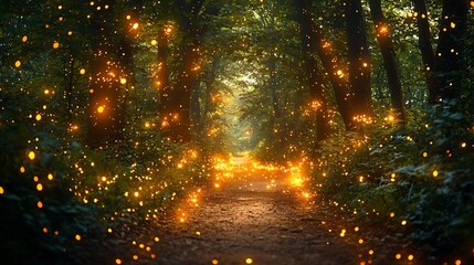 Glowing Fireflies Illuminating a Mystical Forest Path at Dusk