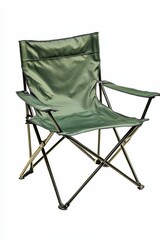 Green fabric camping chair, foldable metal frame.