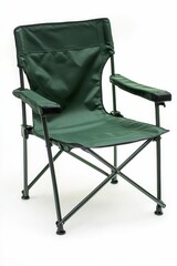 Dark green fabric folding chair with armrests.