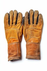 Well-worn leather work gloves, tan, dirty.