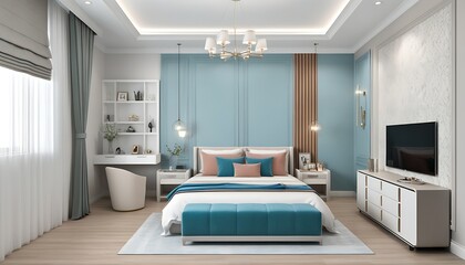 Modern bedroom scene with classic furniture and trendy elements
