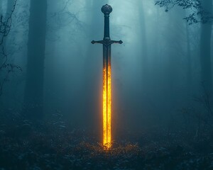 Naklejka premium Glowing Sword Piercing through the Misty Forest Darkness Illuminating Surroundings