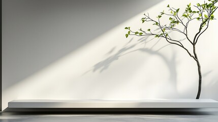Obraz premium Minimalist modern interior design with a small tree casting a shadow on a white wall and a white bench. Sunlight streams in.