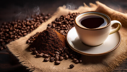 Naklejka premium Coffee Mug and Grinded Coffee Beans Concept Photography
