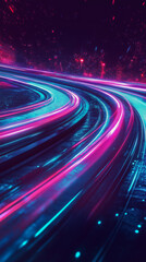 Neon illuminations carve dynamic pathways through the urban landscape, creating a mesmerizing visual rhythm as the city pulses with energy and speed.