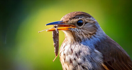 Fototapeta premium Close-up of a bird holding a worm, a blurred background, soft light.