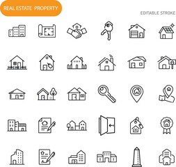 Real Estate Property Icons Homes, Buildings, Keys, Contracts, Sale