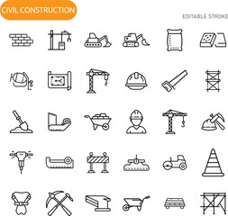 Civil Construction Icons Tools, Equipment, and Materials
