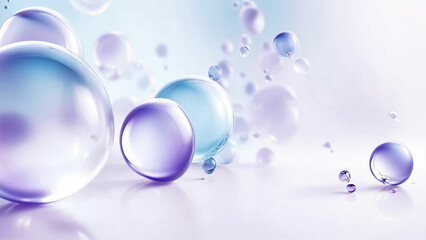 Elegant 3D bubbles with glossy surfaces, scattered across a blue-purple gradient background.