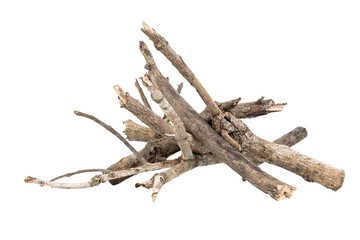 Dry wood pile isolated on white background with clipping path. Dry twigs pile ready for campfire,...